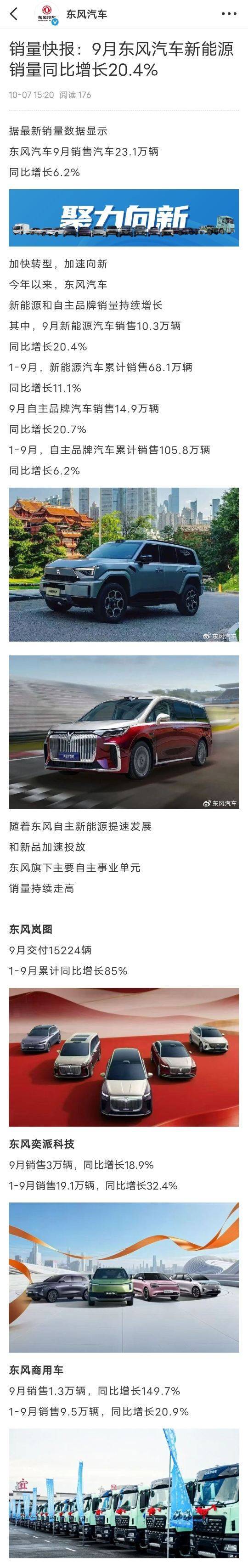 9月东风汽车新能源销量同比增长20.4% 岚图交付15224辆